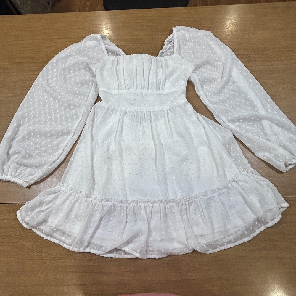 Altar'd State Dress Womens Medium White Polka Dot Boho Ruffle Long Sleeve Mini